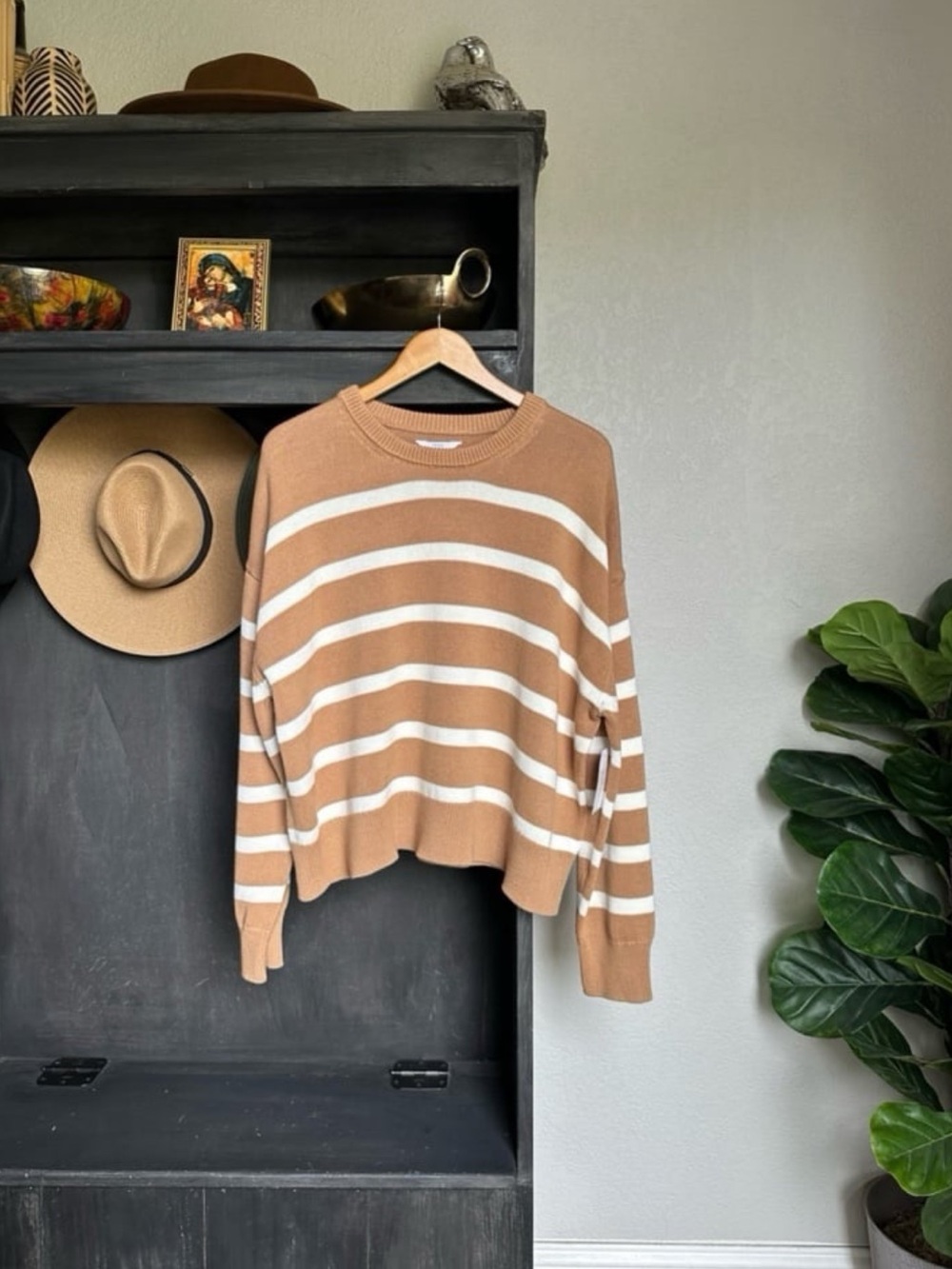 Time and Tru Camel and White Striped Crewneck Sweater